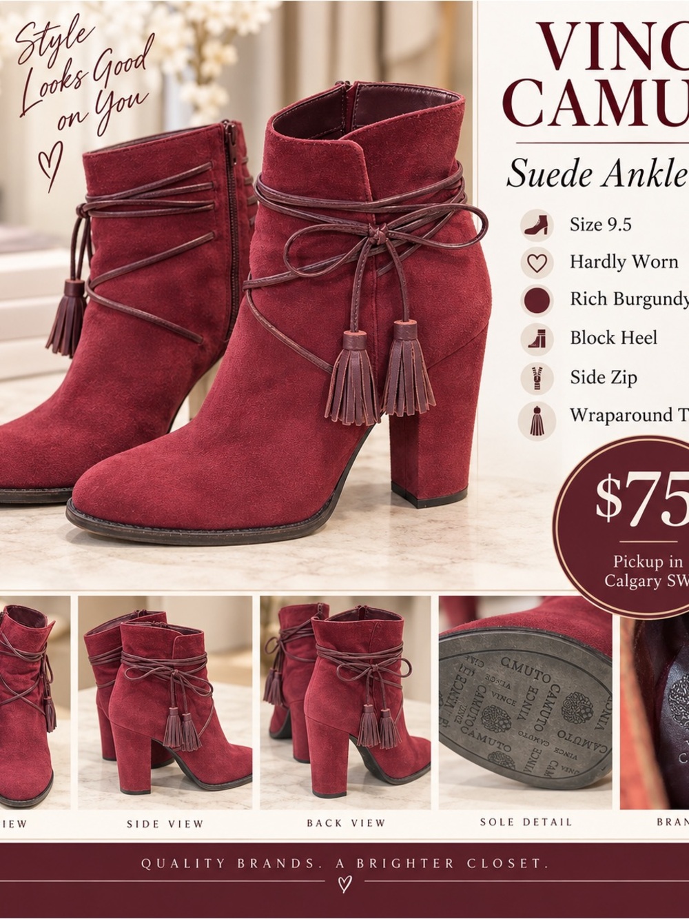 Vince Camuto Rich Burgundy Suede Tassel Wrap Ankle Boots